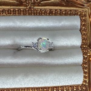 Iridescent Synthetic White Opal Ring 18K White Gold Plated Copper Band